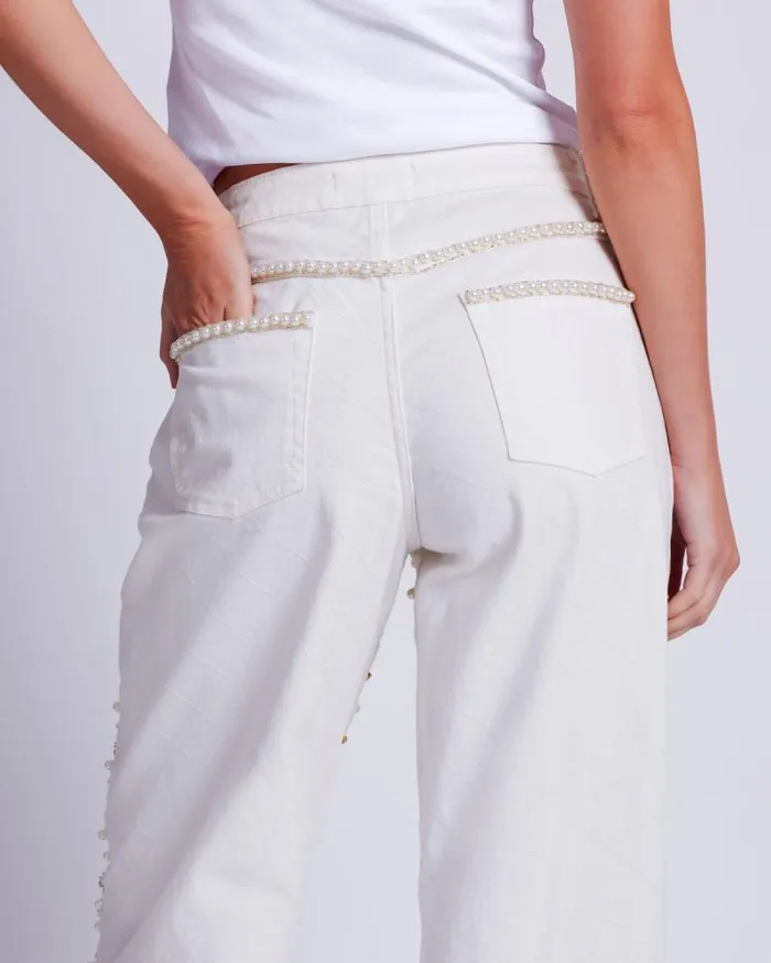 Women Matching Sets PatBO Beaded Wide Leg Jeans FINAL SALE White