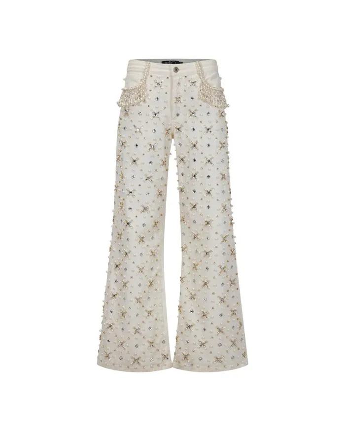 Women Matching Sets PatBO Beaded Wide Leg Jeans FINAL SALE White