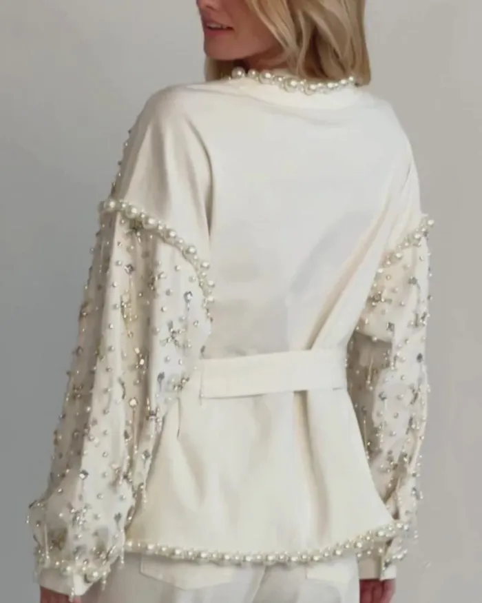 Women Matching Sets PatBO Beaded Wide Leg Jeans FINAL SALE White