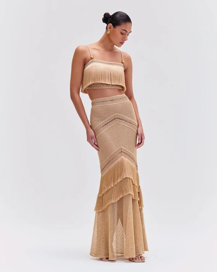 Women Matching Sets PatBO Fringe Maxi Skirt Gold