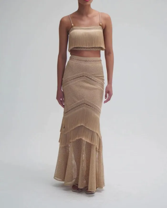 Women Matching Sets PatBO Fringe Maxi Skirt Gold