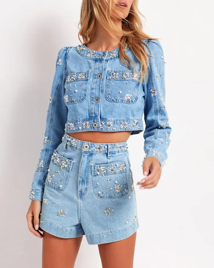 Women Matching Sets PatBO HandBeaded Cropped Denim Jacket FINAL SALE Denim