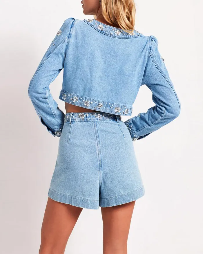 Women Matching Sets PatBO HandBeaded Cropped Denim Jacket FINAL SALE Denim