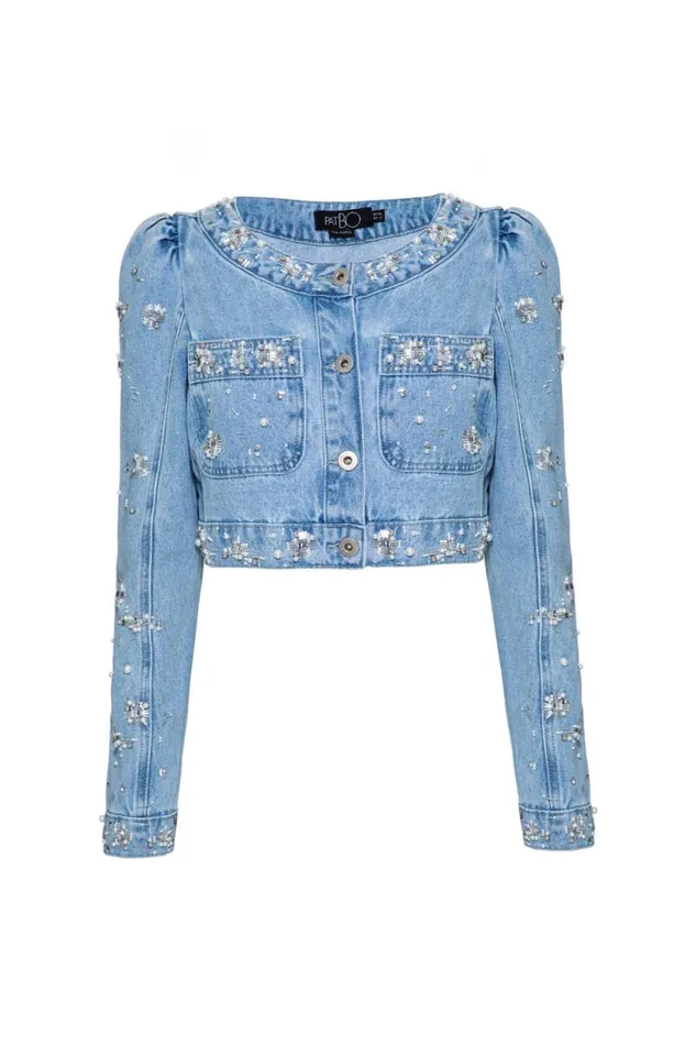 Women Matching Sets PatBO HandBeaded Cropped Denim Jacket FINAL SALE Denim