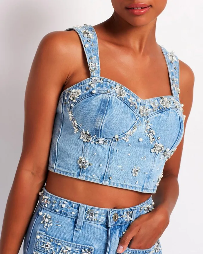 Women Matching Sets PatBO HandBeaded Denim Top FINAL SALE Denim