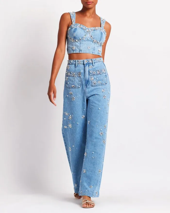 Women Matching Sets PatBO HandBeaded Denim Top FINAL SALE Denim