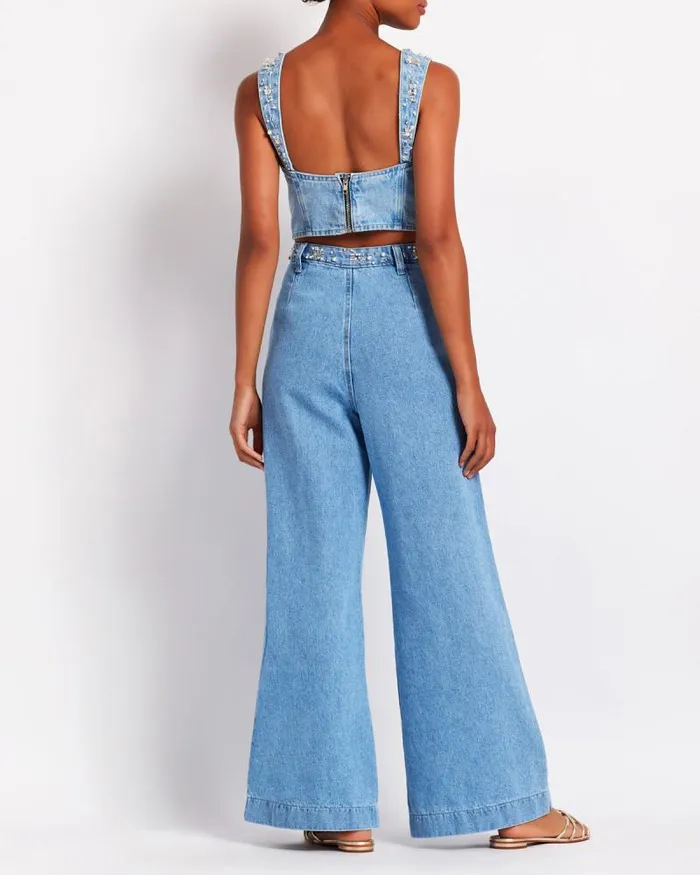 Women Matching Sets PatBO HandBeaded Denim Top FINAL SALE Denim