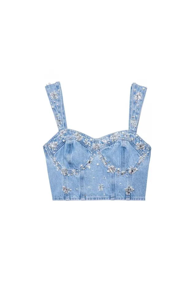 Women Matching Sets PatBO HandBeaded Denim Top FINAL SALE Denim