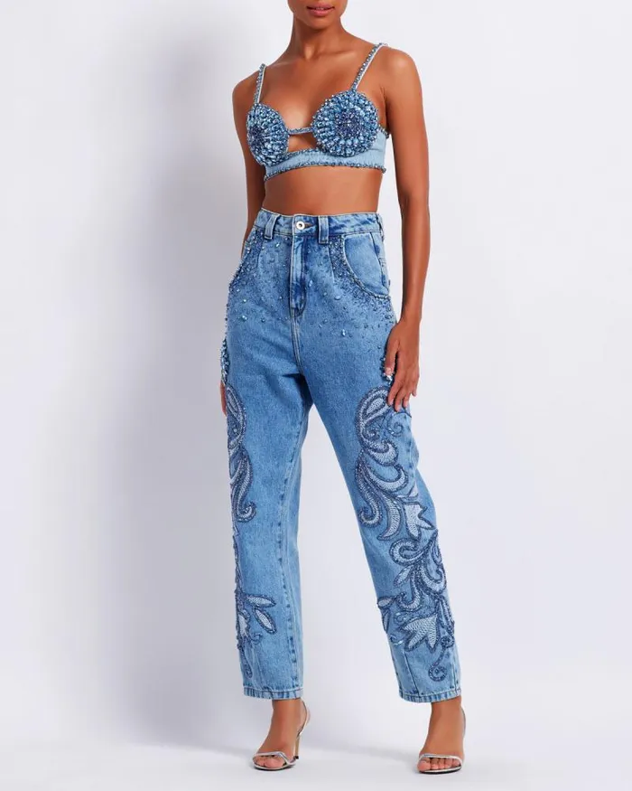 Women Matching Sets PatBO HANDBEADED STRAIGHT LEG JEANS FINAL SALE Denim