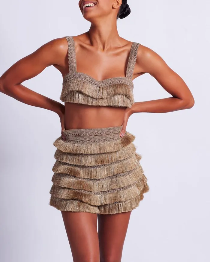 Women Matching Sets PatBO Metallic Fringe Bralette Gold