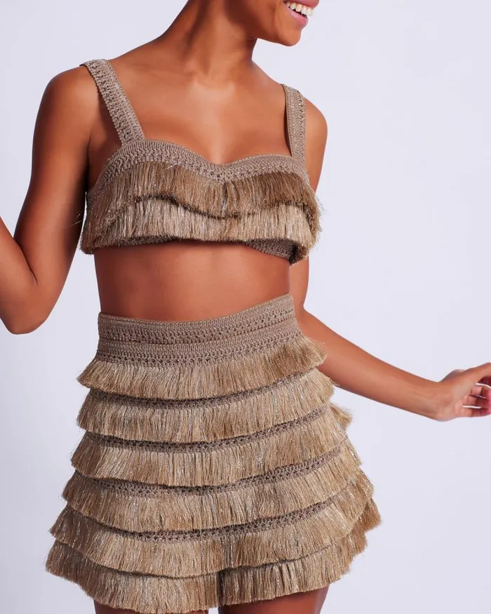 Women Matching Sets PatBO Metallic Fringe Bralette Gold