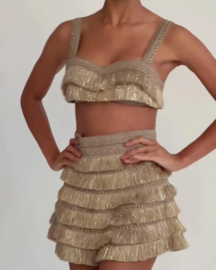 Women Matching Sets PatBO Metallic Fringe Bralette Gold
