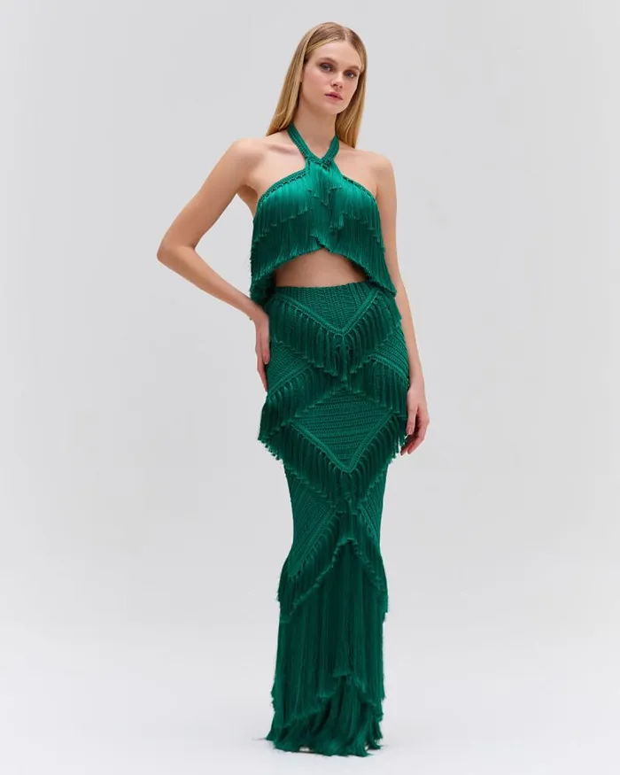 Women Matching Sets PatBO Woven Fringe Trim Maxi Skirt FINAL SALE Jade