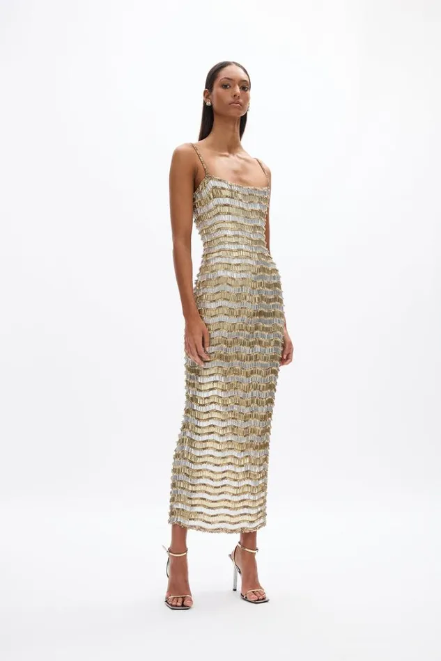 Women Maxi Dresses Rachel Gilbert Zeph Gown GoldSilver Women Maxi Dresses Rachel Gilbert Zeph Gown GoldSilver
