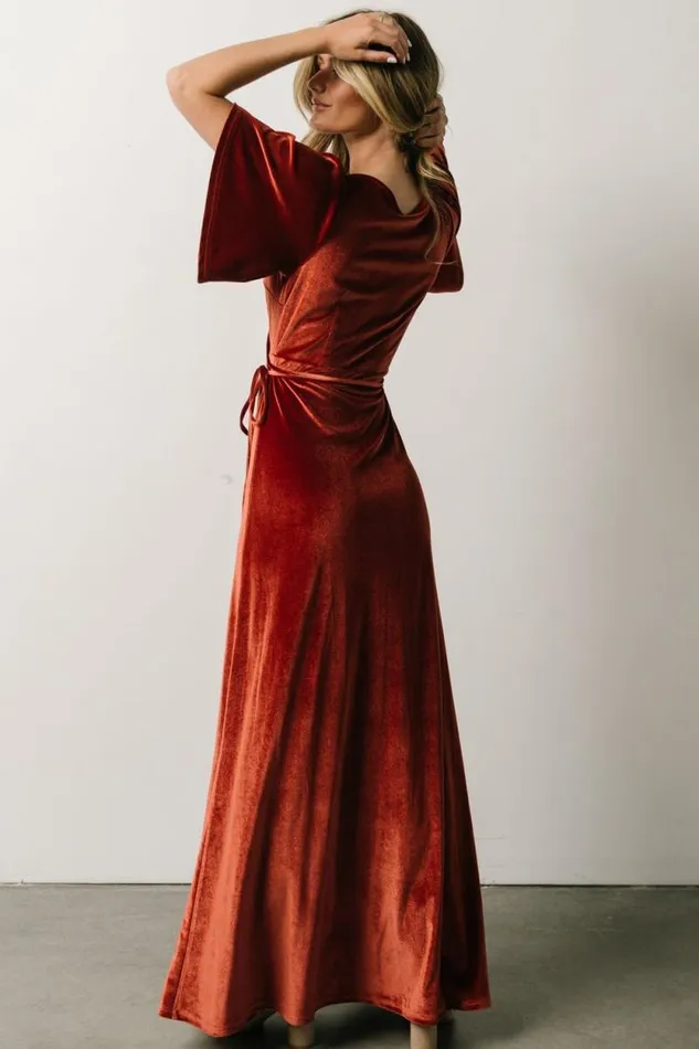 Women Meghan Velvet Wrap Maxi Dress Terracotta Baltic Born Maxi Dresses Women Meghan Velvet Wrap Maxi Dress Terracotta Baltic Born Maxi Dresses