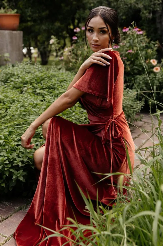Women Meghan Velvet Wrap Maxi Dress Terracotta Baltic Born Maxi Dresses Women Meghan Velvet Wrap Maxi Dress Terracotta Baltic Born Maxi Dresses