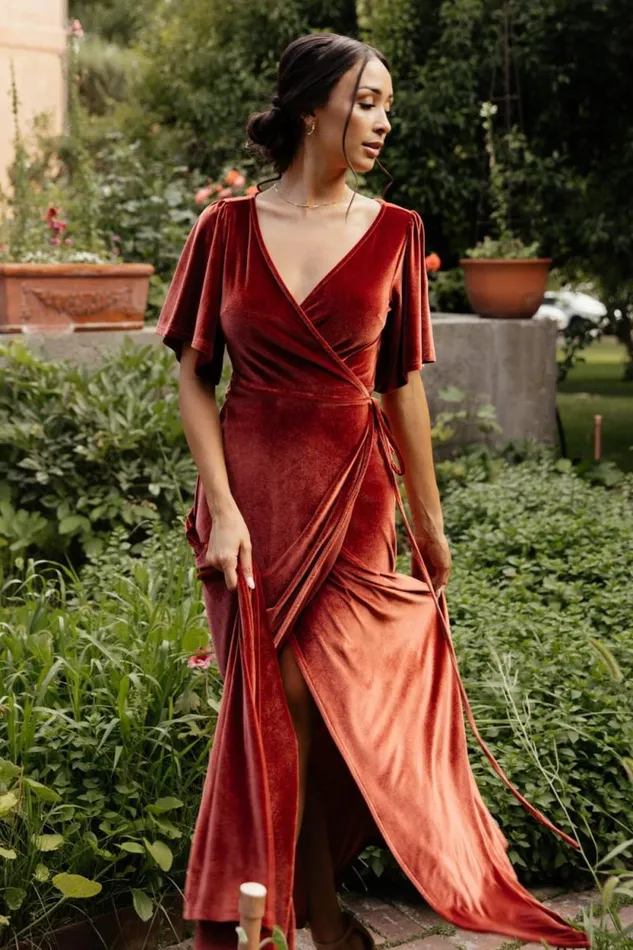 Women Meghan Velvet Wrap Maxi Dress Terracotta Baltic Born Maxi Dresses Women Meghan Velvet Wrap Maxi Dress Terracotta Baltic Born Maxi Dresses