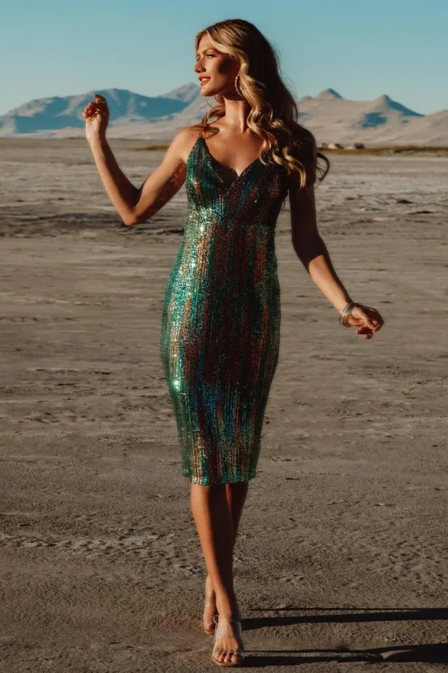 Women Michelle Sequin Midi Dress Green Multi Baltic Born Embellished and Sequined Women Michelle Sequin Midi Dress Green Multi Baltic Born Embellished and Sequined