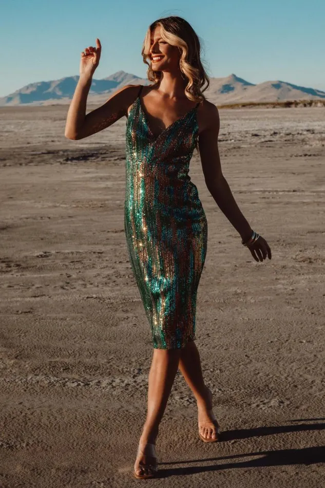 Women Michelle Sequin Midi Dress Green Multi Baltic Born Embellished and Sequined Women Michelle Sequin Midi Dress Green Multi Baltic Born Embellished and Sequined