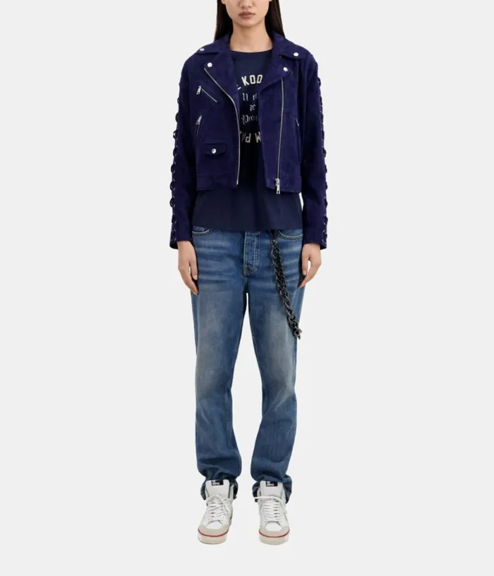 Women Navy Blue Suede Leather Biker Jacket THE KOOPLES Coats and Jackets