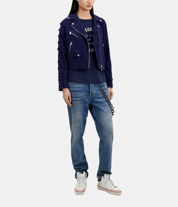 Women Navy Blue Suede Leather Biker Jacket THE KOOPLES Coats and Jackets