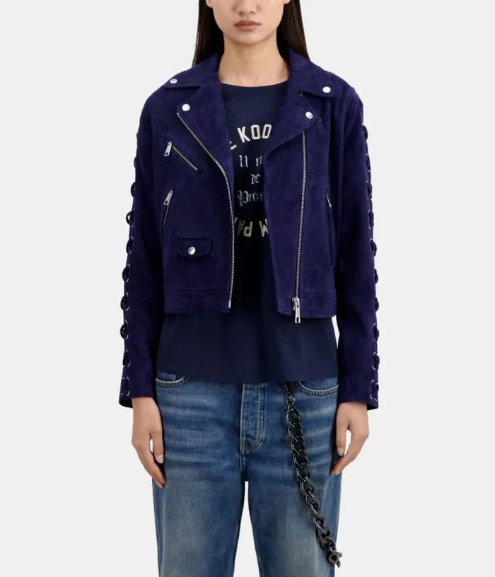 Women Navy Blue Suede Leather Biker Jacket THE KOOPLES Coats and Jackets