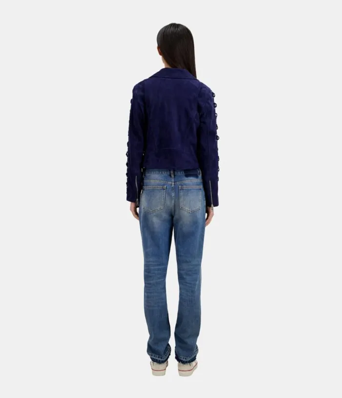 Women Navy Blue Suede Leather Biker Jacket THE KOOPLES Coats and Jackets