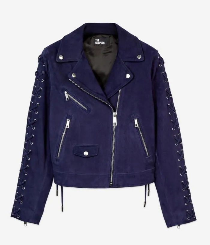 Women Navy Blue Suede Leather Biker Jacket THE KOOPLES Coats and Jackets