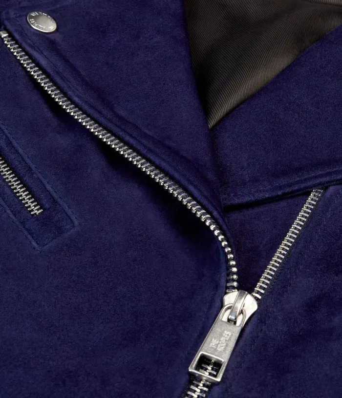 Women Navy Blue Suede Leather Biker Jacket THE KOOPLES Coats and Jackets