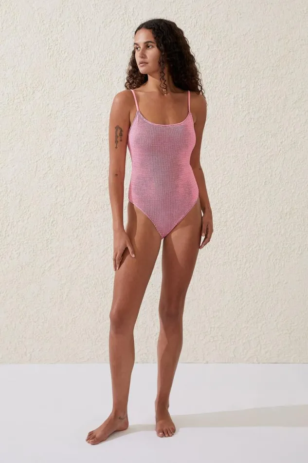 Women One Piece Swimsuits Cotton On Thin Strap Low Scoop One Piece Cheeky Neon Crushblack Crinkle
