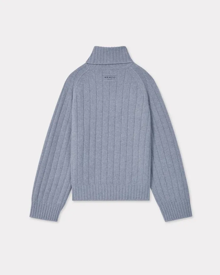Women Oversized Embroidered Rib Knit Jumper In Wool And Cashmere Misty Grey Kenzo Sweaters And Cardigans