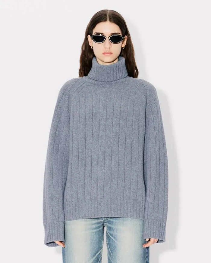 Women Oversized Embroidered Rib Knit Jumper In Wool And Cashmere Misty Grey Kenzo Sweaters And Cardigans