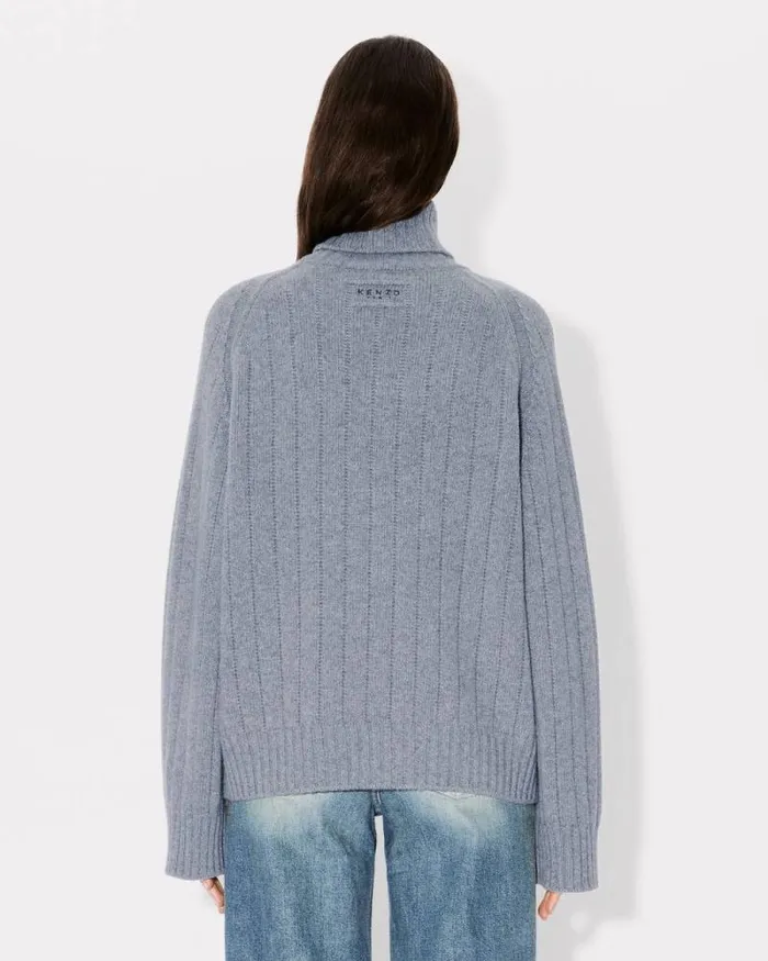 Women Oversized Embroidered Rib Knit Jumper In Wool And Cashmere Misty Grey Kenzo Sweaters And Cardigans