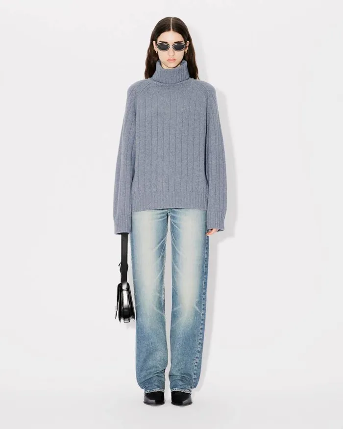 Women Oversized Embroidered Rib Knit Jumper In Wool And Cashmere Misty Grey Kenzo Sweaters And Cardigans