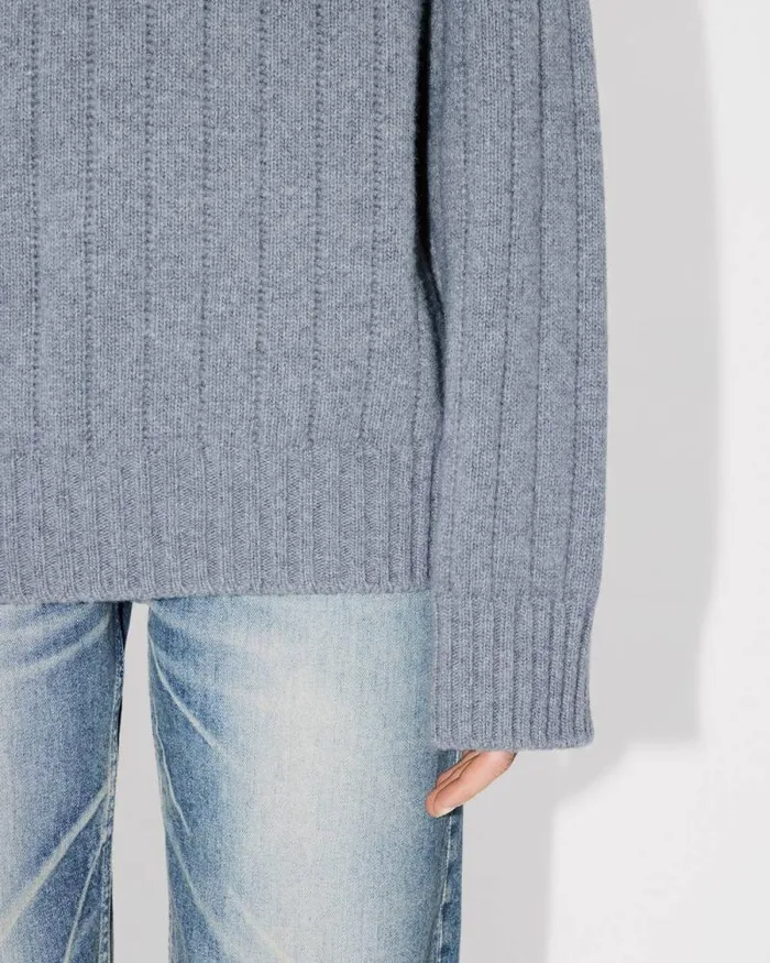 Women Oversized Embroidered Rib Knit Jumper In Wool And Cashmere Misty Grey Kenzo Sweaters And Cardigans