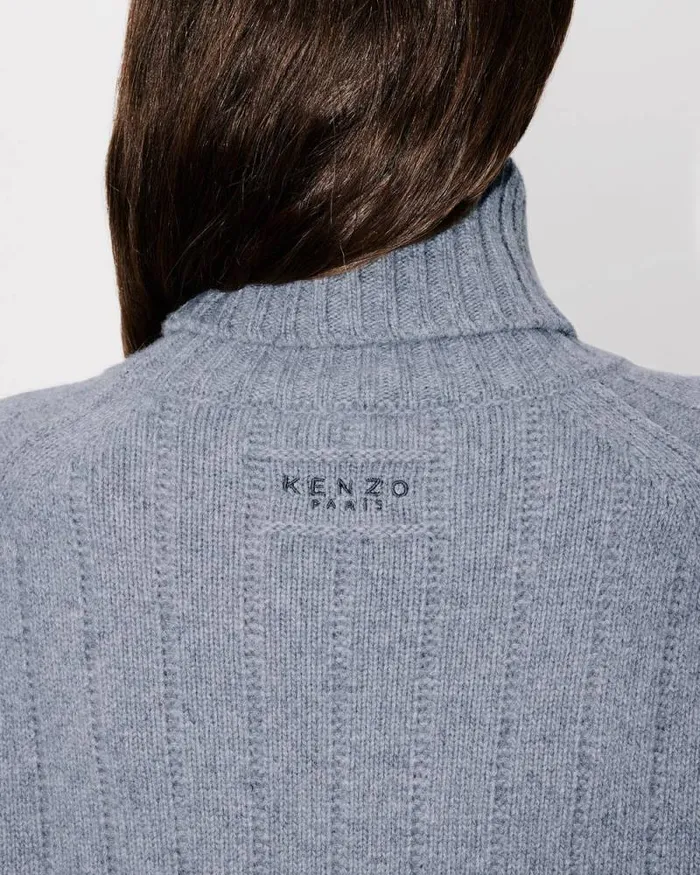 Women Oversized Embroidered Rib Knit Jumper In Wool And Cashmere Misty Grey Kenzo Sweaters And Cardigans