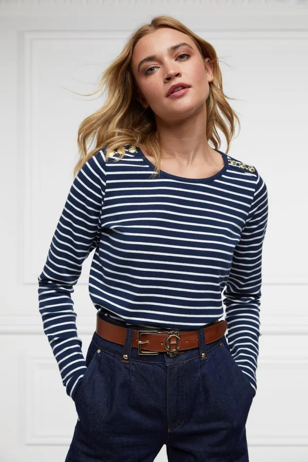 Women Padstow Long Sleeve Crew Neck Tee Ink Navy Natural Stripe Holland Cooper Tops