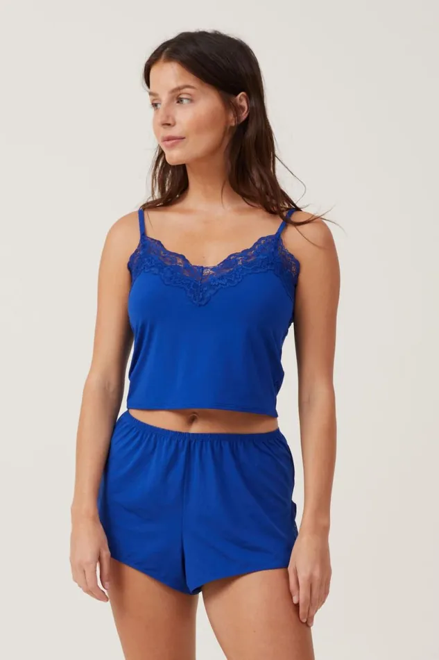 Women Pajamas Cotton On Soft Lounge Lace Trim Short Lapis Blue Women Pajamas Cotton On Soft Lounge Lace Trim Short Lapis Blue