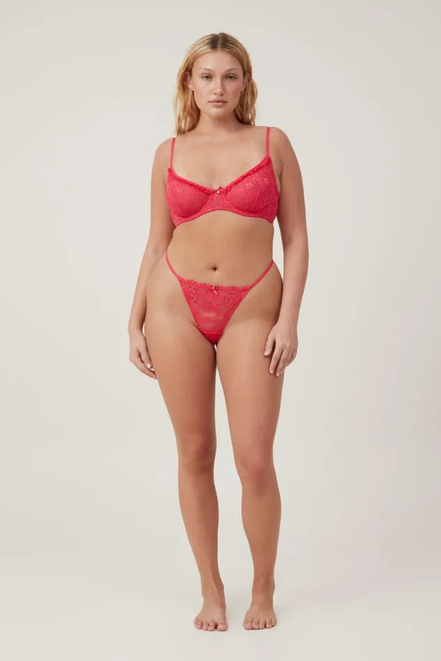 Women Panties Cotton On Butterfly Lace Tanga Thong Brief Rose Red