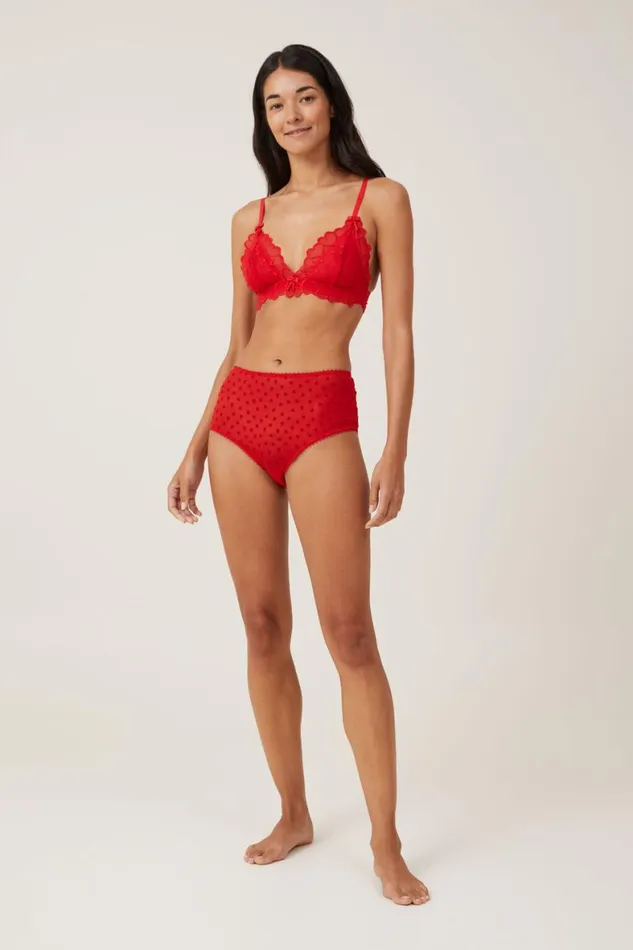 Women Panties Cotton On Sasha Flocking Mesh High Waist Bikini Brief Scarlett Red
