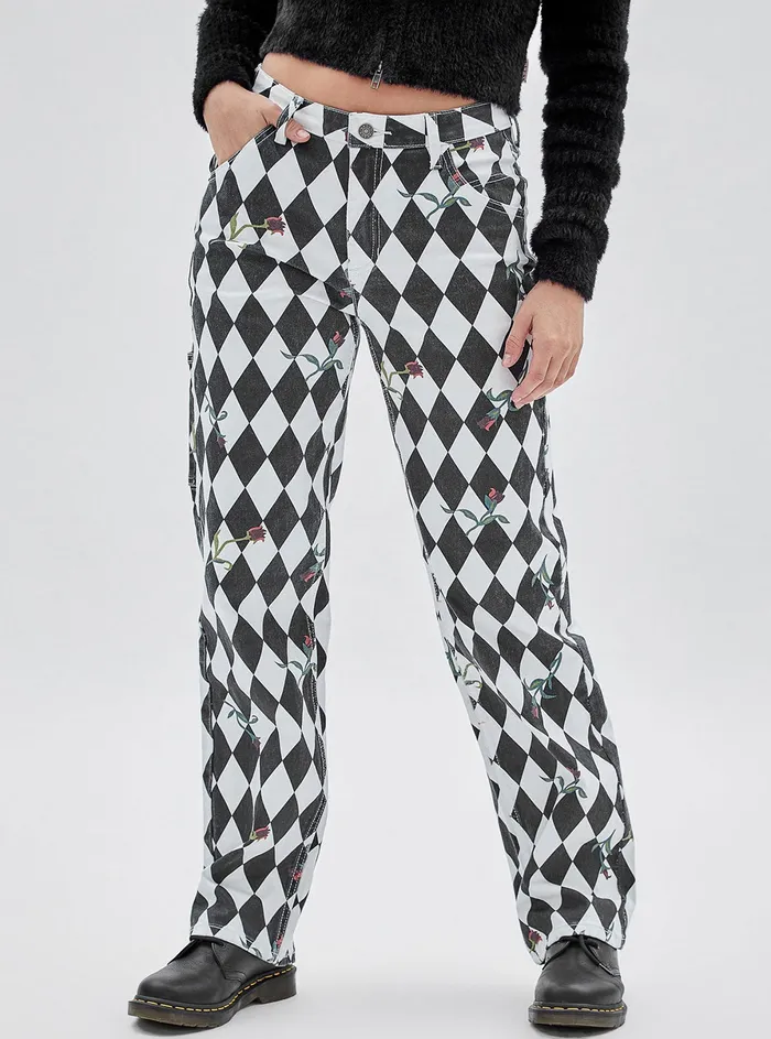 Women Pants GUESS Guess Originals Black Multi Rose Diamond Carpenter Pants