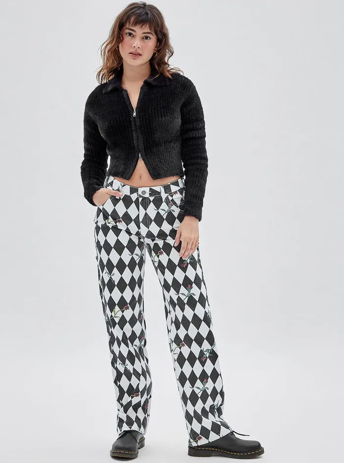 Women Pants GUESS Guess Originals Black Multi Rose Diamond Carpenter Pants Women Pants GUESS Guess Originals Black Multi Rose Diamond Carpenter Pants