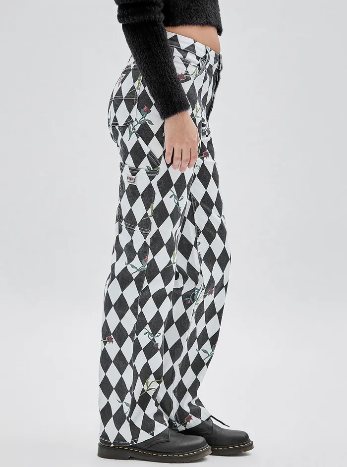 Women Pants GUESS Guess Originals Black Multi Rose Diamond Carpenter Pants Women Pants GUESS Guess Originals Black Multi Rose Diamond Carpenter Pants