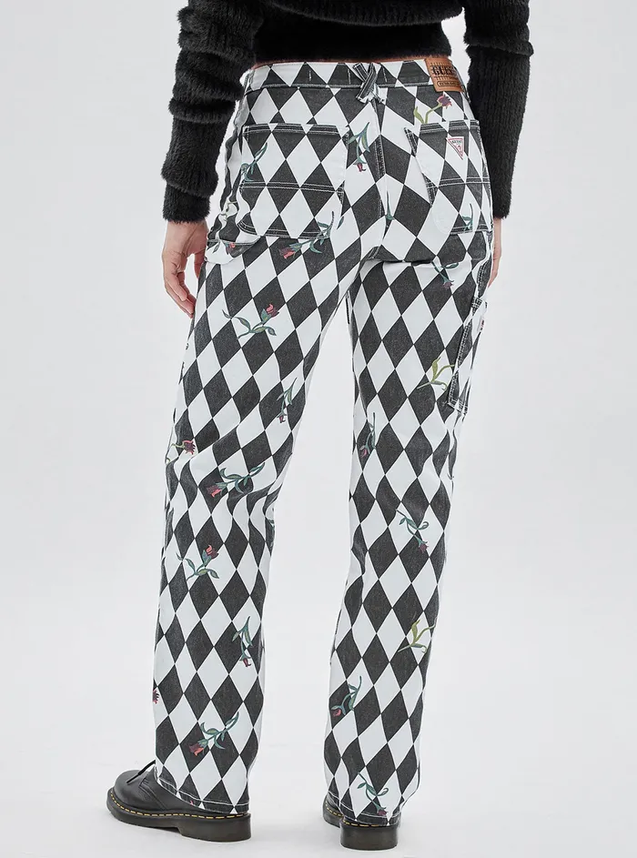 Women Pants GUESS Guess Originals Black Multi Rose Diamond Carpenter Pants Women Pants GUESS Guess Originals Black Multi Rose Diamond Carpenter Pants