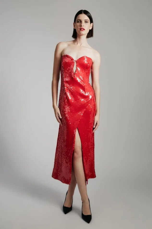 Women Party Dresses Bardot Antigone Sequin Midi Dress In Deep Red Deep Red