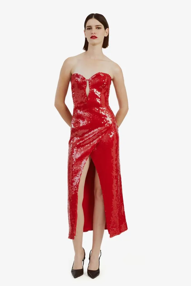 Women Party Dresses Bardot Antigone Sequin Midi Dress In Deep Red Deep Red