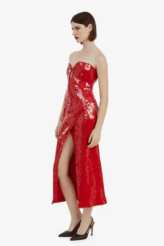 Women Party Dresses Bardot Antigone Sequin Midi Dress In Deep Red Deep Red