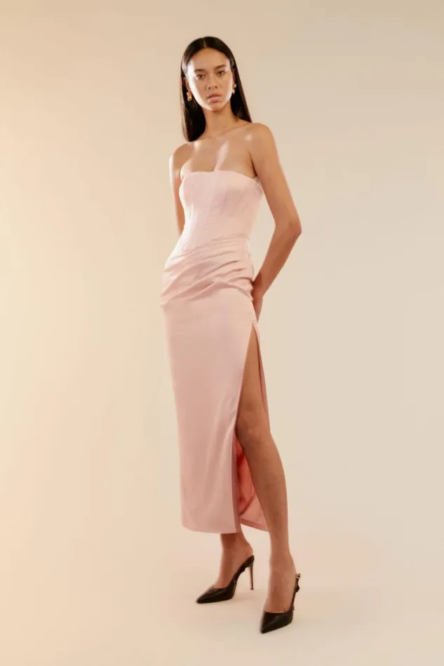 Women Party Dresses Bardot Everlasting Satin Midi Dress In Soft Pink Soft Pink