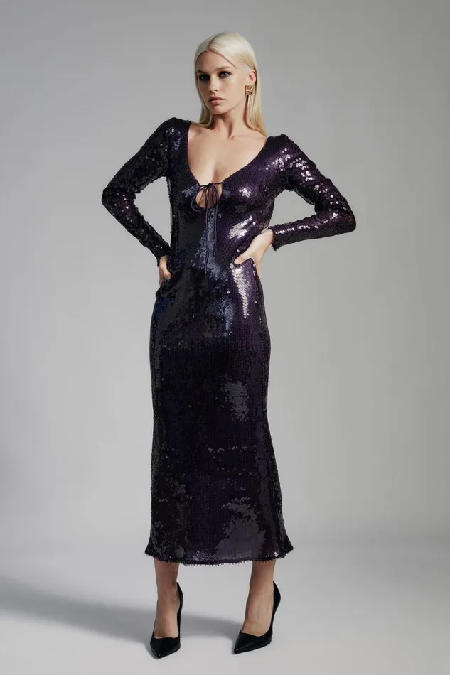 Women Party Dresses Bardot Verona Sequin Maxi Dress In Purple Purple