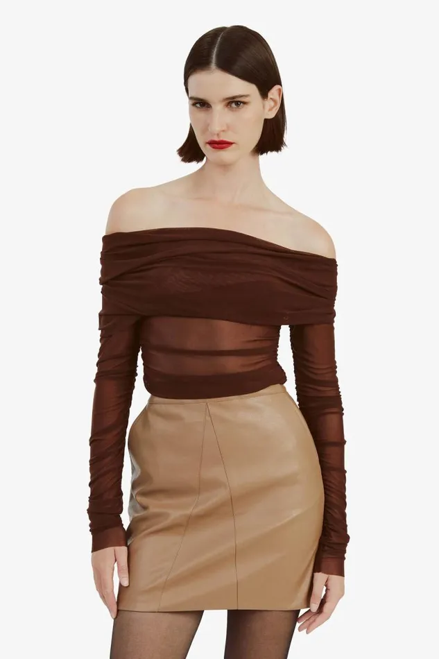 Women Party Tops Bardot Camelia Mesh Top In Chocolate Chocolate Women Party Tops Bardot Camelia Mesh Top In Chocolate Chocolate